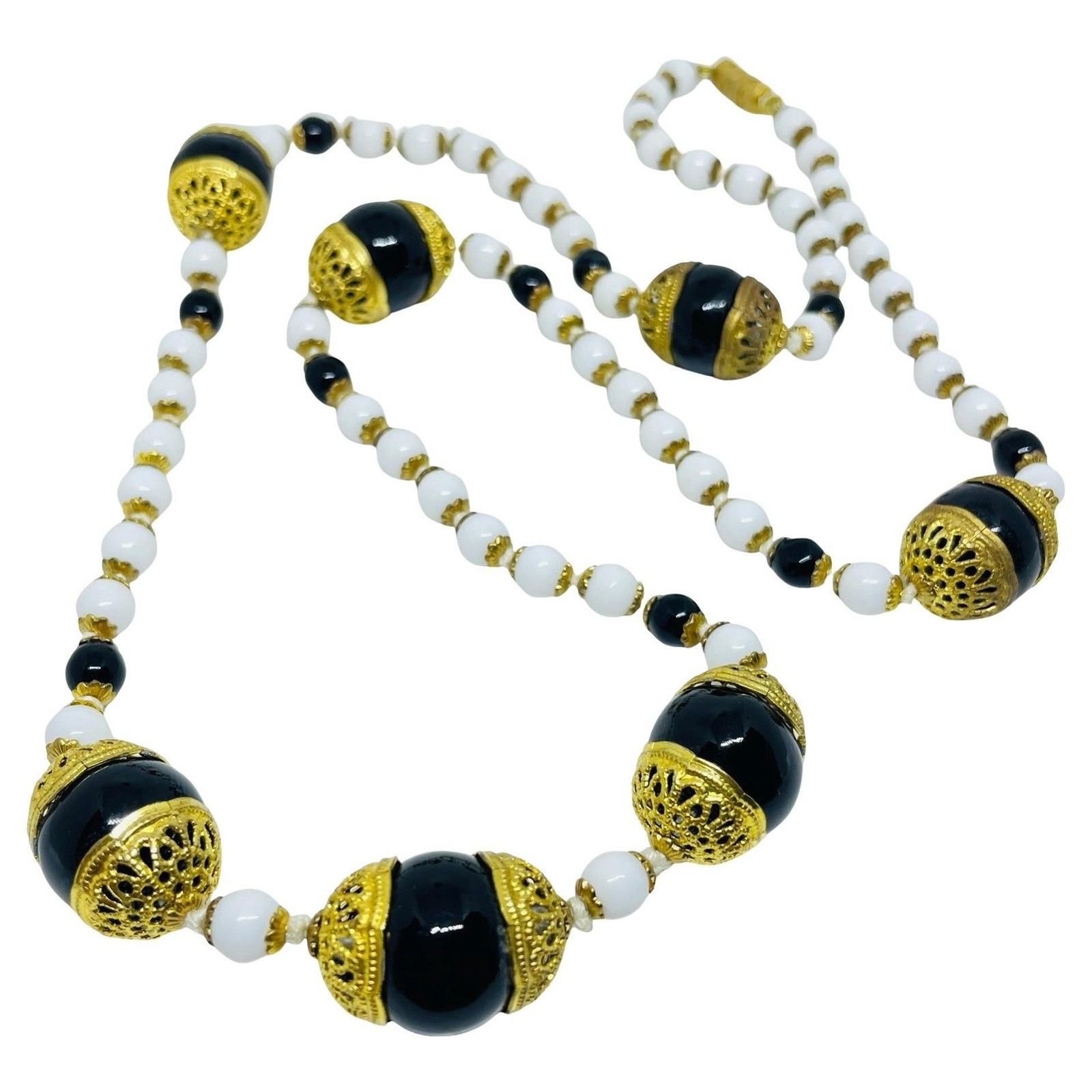Vintage Gold Tone White Black Glass Beaded Designer Necklace